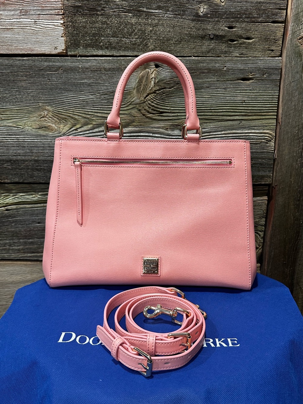 Dooney & Bourke Pink Saffiano Leather Zip Satchel Bag with Crossbody Strap